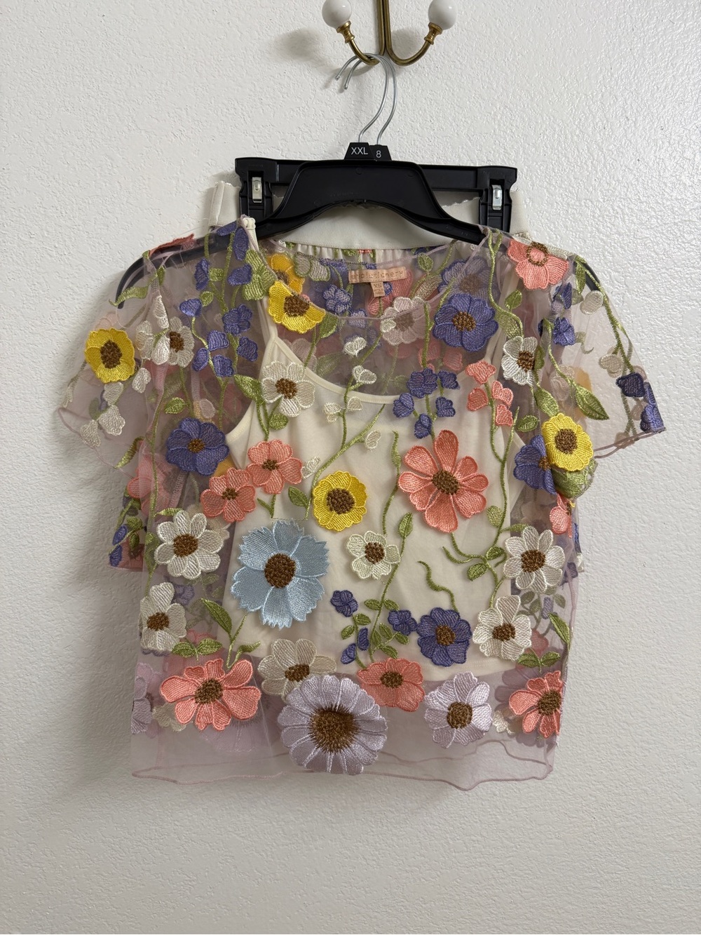 Sheer Floral Appliqués Mesh Blouse and skort - Multi
